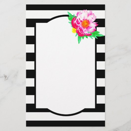 Aquarellfarben Pink Peony Black & White Stationery Briefpapier (Vorderseite)