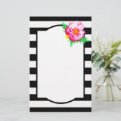 Aquarellfarben Pink Peony Black & White Stationery Briefpapier (Stehend Vorderseite)