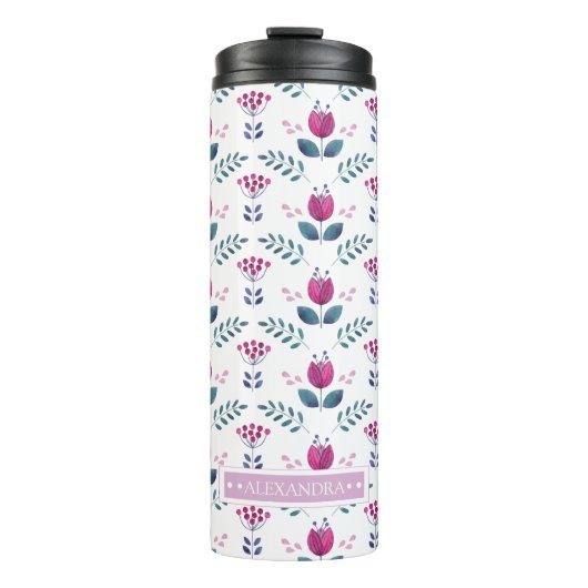 Aquarellfarben Pink Tulip Chic Monogramm Thermosbecher (Vorderseite)
