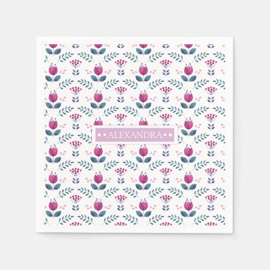 Aquarellfarben Pink Tulip Design Monogramm Serviette (Vorderseite)