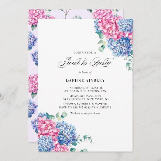 Aquarellfarben Pink und Blue Hydrangeas 16 . Gebur Einladung (Vorne/Hinten)