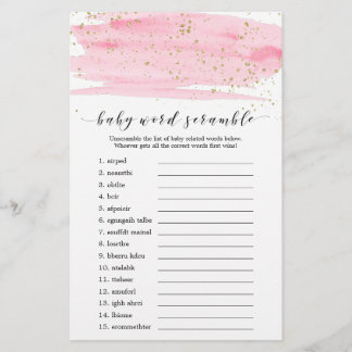 Aquarellfarben Pink und Gold Baby Word Scramble Flyer