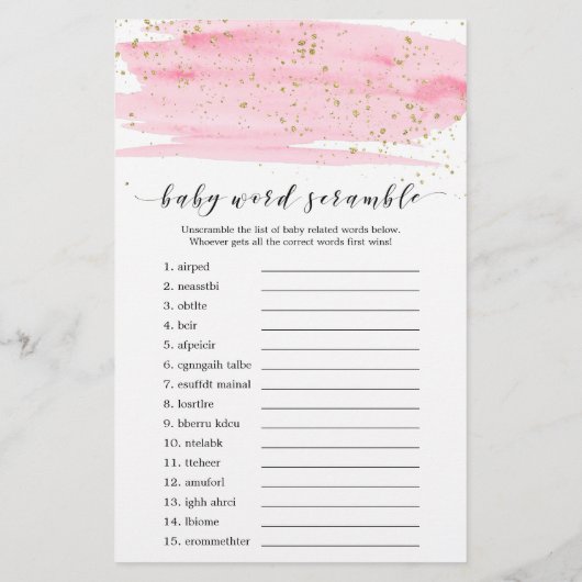 Aquarellfarben Pink und Gold Baby Word Scramble Flyer (Hinten)