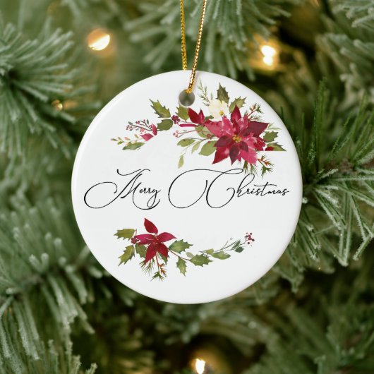 Aquarellfarben Poinsettia und Heiligabend Foto Keramik Ornament (Baum)