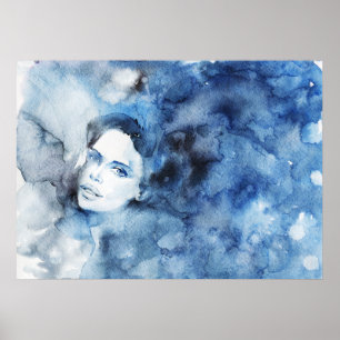 Aquarellfarben-Portrait der Frau, Gemälde Poster