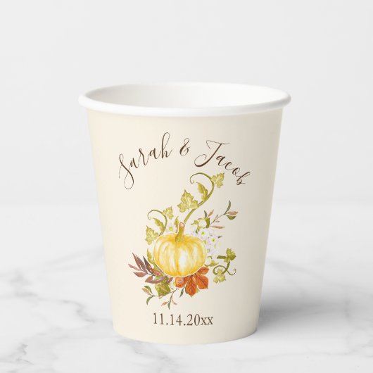 Aquarellfarben - Pumpkin & Blätter Hochzeit Pappbecher (Vorderseite)