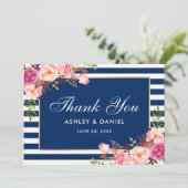 Aquarellfarben Rosa Bläserblauer Streifen Hochzeit Dankeskarte (Stehend Vorderseite)