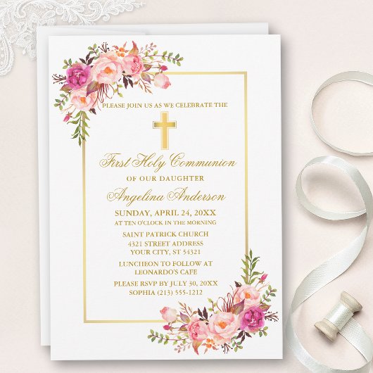 Aquarellfarben Rosa Bläsergoldkreuz Einladung