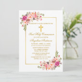 Aquarellfarben Rosa Bläsergoldkreuz Einladung (Stehend Vorderseite)