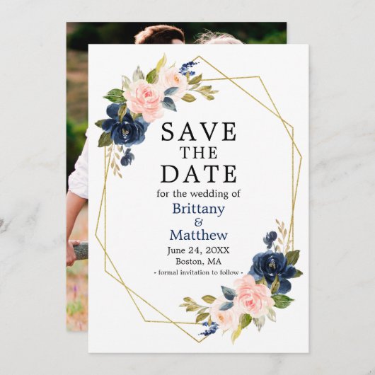 Aquarellfarben Rosa Blau Rose Geo Frame Foto Save The Date (Vorne/Hinten)