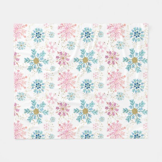 Aquarellfarben, Rosa, Blau und Gold Winterschneefl Fleecedecke (Vorderseite (Horizontal))