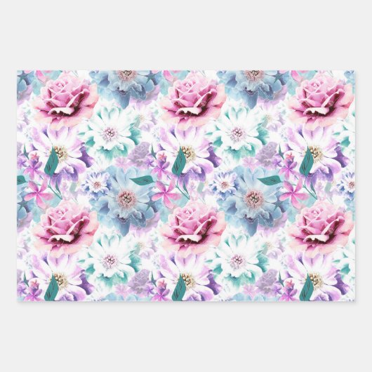 Aquarellfarben, rosa, blaue Blumen. Geschenkpapier Set (Vorderseite 3)