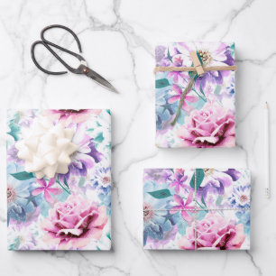 Aquarellfarben, rosa, blaue Blumen. Geschenkpapier Set
