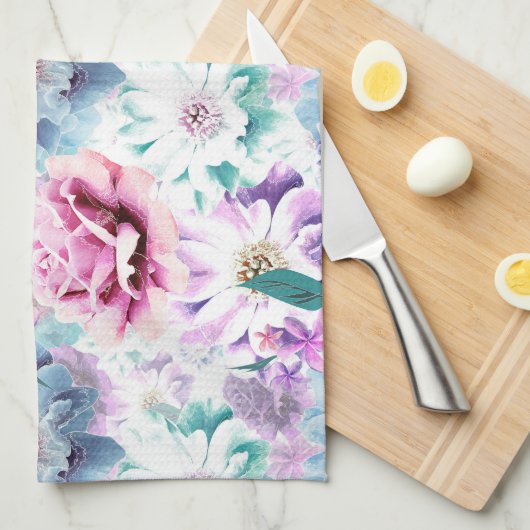 Aquarellfarben, rosa, blaue Blumen. Geschirrtuch (Viertel Falte)