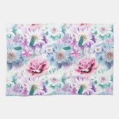 Aquarellfarben, rosa, blaue Blumen. Geschirrtuch (Horizontal)