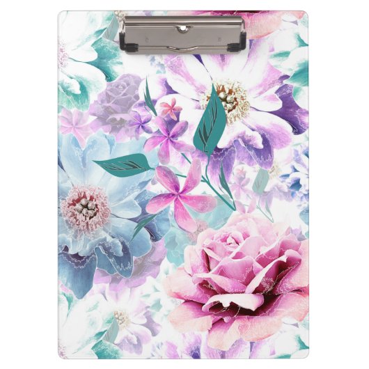 Aquarellfarben, rosa, blaue Blumen. Klemmbrett (Vorderseite)