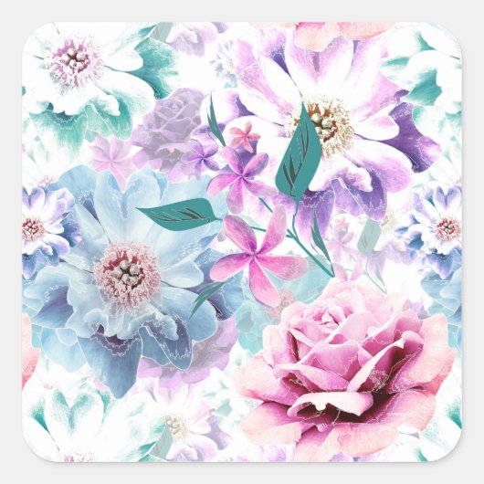 Aquarellfarben, rosa, blaue Blumen. Quadratischer Aufkleber (Vorderseite)