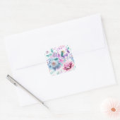 Aquarellfarben, rosa, blaue Blumen. Quadratischer Aufkleber (Umschlag)
