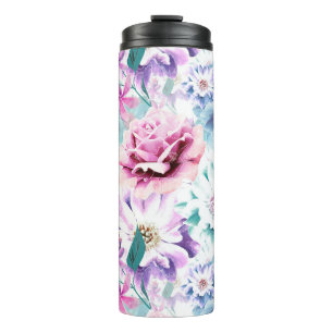 Aquarellfarben, rosa, blaue Blumen. Thermosbecher