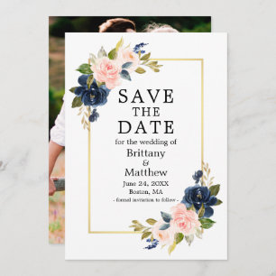 Aquarellfarben Rosa blaue Rose Foto Goldrahmen Save The Date