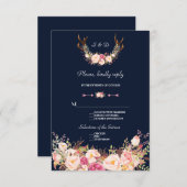 Aquarellfarben Rosa Blume Antlers Wedding RSVP (Vorne/Hinten)