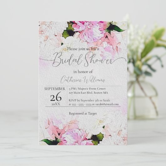 Aquarellfarben Rosa Blume Brautparty Einladung (Stehend Vorderseite)