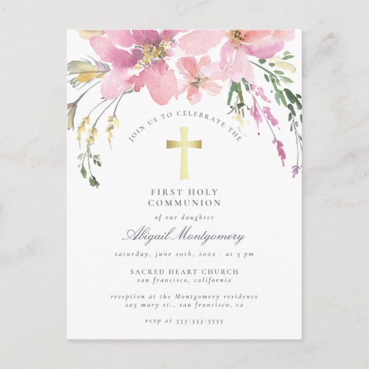 Aquarellfarben Rosa Blume Erste Heilige Kommune Einladungspostkarte (Vorderseite)
