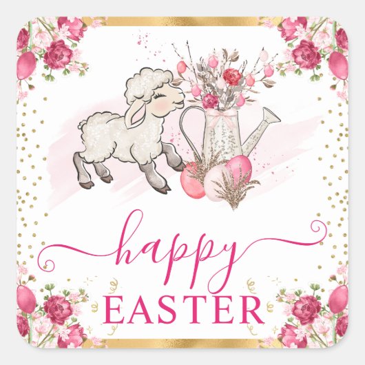 Aquarellfarben Rosa Blume Frühlingslamm Oster Quadratischer Aufkleber (Vorderseite)
