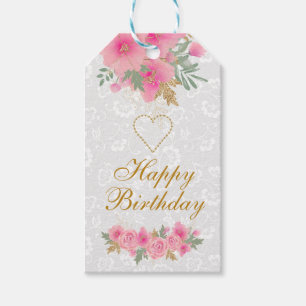 Aquarellfarben Rosa Blume Goldene Foil Happy Birth Geschenkanhänger
