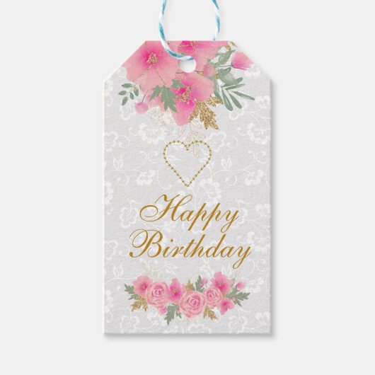 Aquarellfarben Rosa Blume Goldene Foil Happy Birth Geschenkanhänger (Vorderseite)