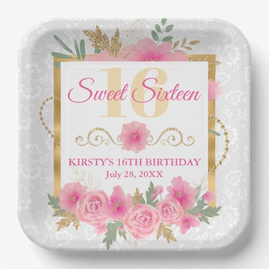 Aquarellfarben Rosa Blume & Goldene Fossilien 16 . Pappteller (Vorderseite)