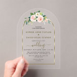 Aquarellfarben Rosa Blume Hochzeit am Goldenen Bog Acryleinladungen<br><div class="desc">Diese Premium Akryllischen Einladungen (klar oder Mattiert) sind perfekt für bleibende,  exquisite Eindrücke. Elegantes Kartendesign mit zarten Aquarellfarben,  weißen Blume und grünen Blätter,  vergoldetem Bogen aus Imitaten,  moderner Hochzeitskalligraphie. Verwenden Sie das Tool Personalisieren,  um Ihre Informationen hinzuzufügen. Mehr Ideen für meine Akryllische Hochzeitskollektion</div>