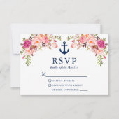 Aquarellfarben Rosa Blumenanker Blaue Streifen RSVP Karte (Vorderseite)