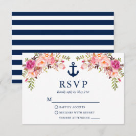 Aquarellfarben Rosa Blumenanker Blaue Streifen RSVP Karte