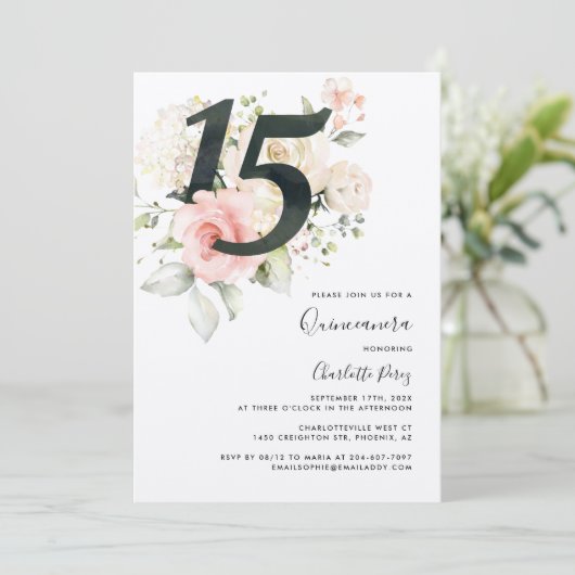 Aquarellfarben Rosa Blumenbraun Quinceanera 15. Ge Einladung (Stehend Vorderseite)