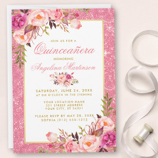 Aquarellfarben Rosa Blumenbraun Quinceanera Rosa G Einladung