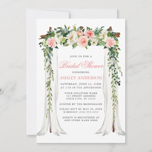 Aquarellfarben Rosa Blumenkanopie Brautparty Einladung (Vorderseite)