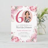 Aquarellfarben Rosa Blumenmuster Foto 60. Geburtst Einladung (Stehend Vorderseite)