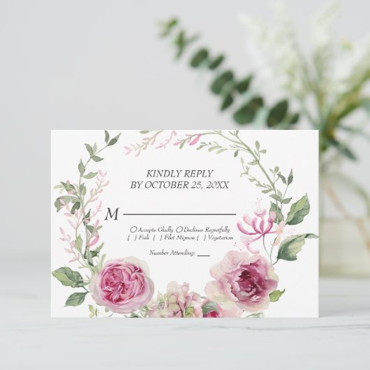 Aquarellfarben Rosa Blumenrahmen Hochzeit RSVP Karte (Stehend Vorderseite)