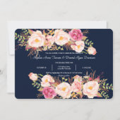 Aquarellfarben Rosa Blumenrahmen Navy Blue Wedding Einladung (Vorderseite)