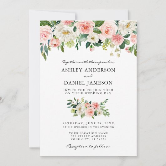 Aquarellfarben Rosa Blush Bloral Elegante Hochzeit Einladung (Vorderseite)