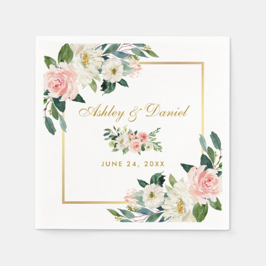 Aquarellfarben Rosa Blush Bloral Gold Rahmen Hochz Serviette (Vorderseite)
