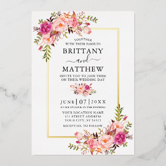 Aquarellfarben Rosa Blush Bloral Wedding Gold Folieneinladung (Vorderseite)