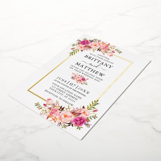 Aquarellfarben Rosa Blush Bloral Wedding Gold Folieneinladung (Gedreht)