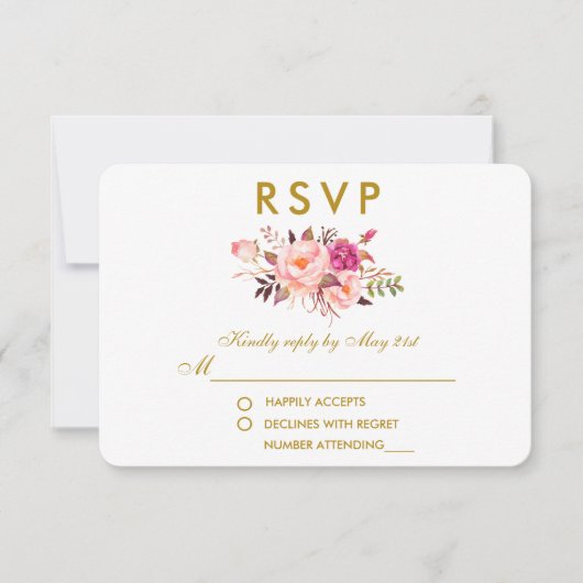Aquarellfarben Rosa Blush Gold Hochzeit RSVP Karte (Vorderseite)