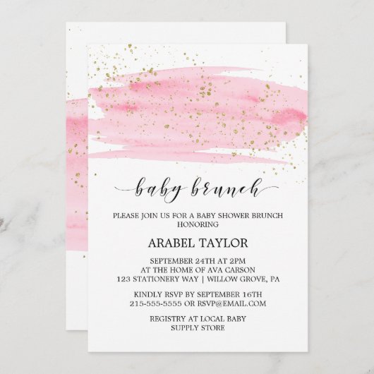 Aquarellfarben Rosa Blush & Gold Sparkeln Brunch Einladung (Vorne/Hinten)