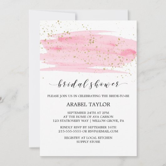 Aquarellfarben Rosa Blush & Gold Sparkone Brautpar Einladung (Vorderseite)