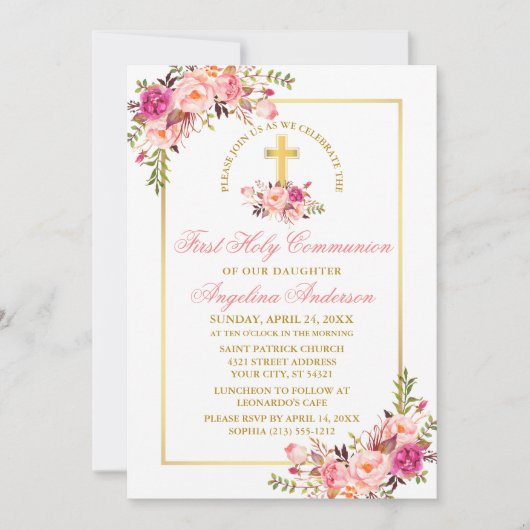 Aquarellfarben Rosa Blütenfarben Erste Kommunion G Einladung (Vorderseite)