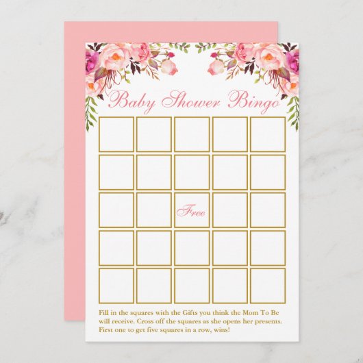 Aquarellfarben Rosa Blütengoldblütendusche Bingoka Einladung (Vorne/Hinten)