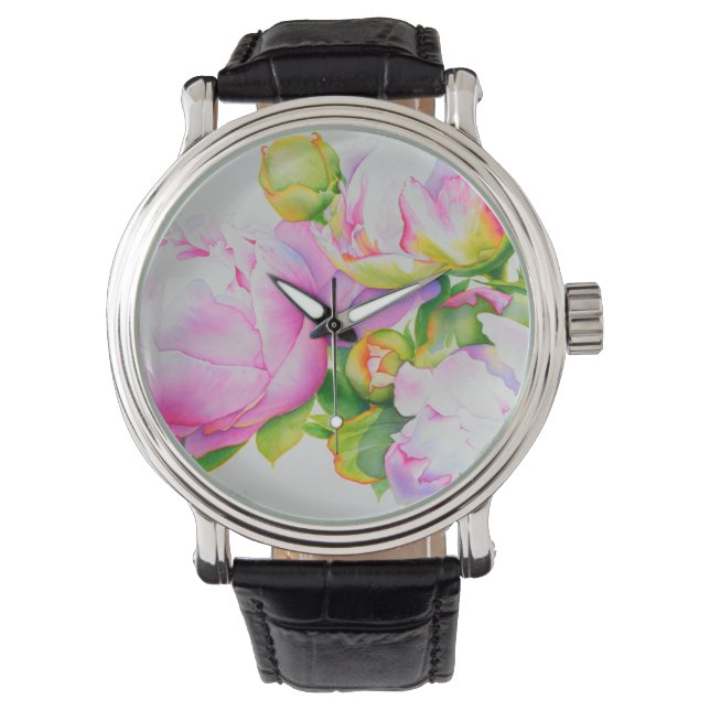 Aquarellfarben Rosa Blütenpinkerbäume Weiße Blüten Armbanduhr (Vorderseite)